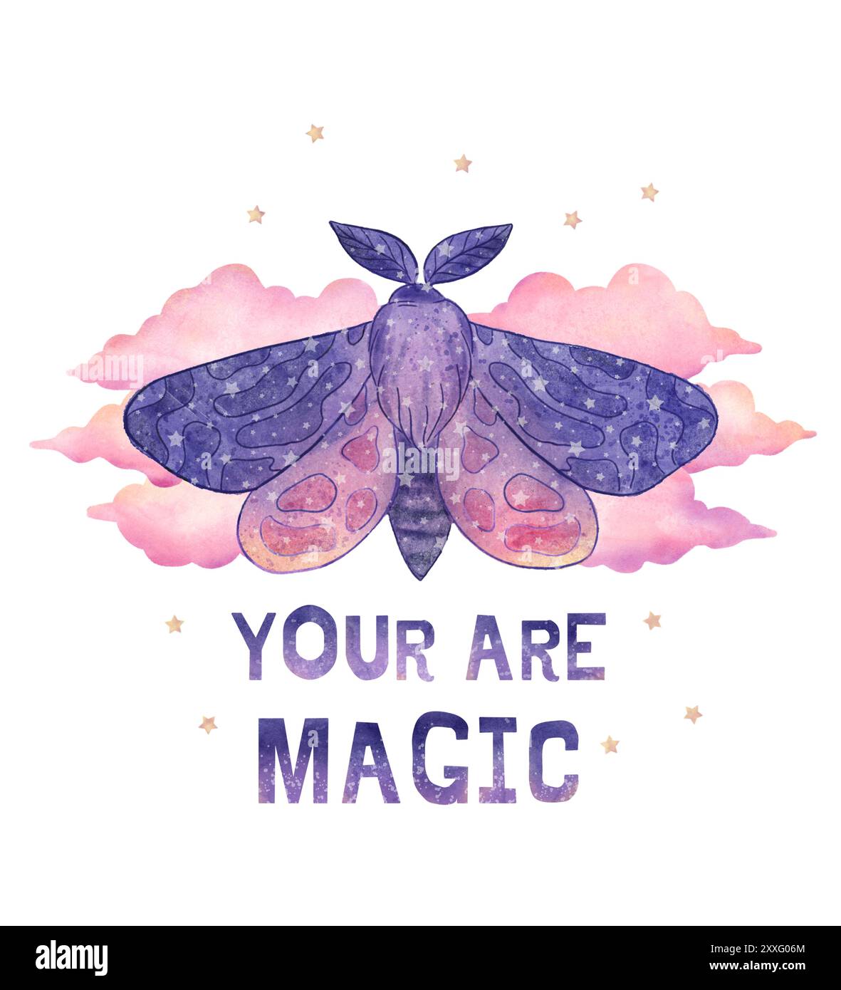 Farfalla celeste o falena, foglie, stelle isolate clipart su sfondo bianco, spazio mistico. Le lettere sono magiche Foto Stock