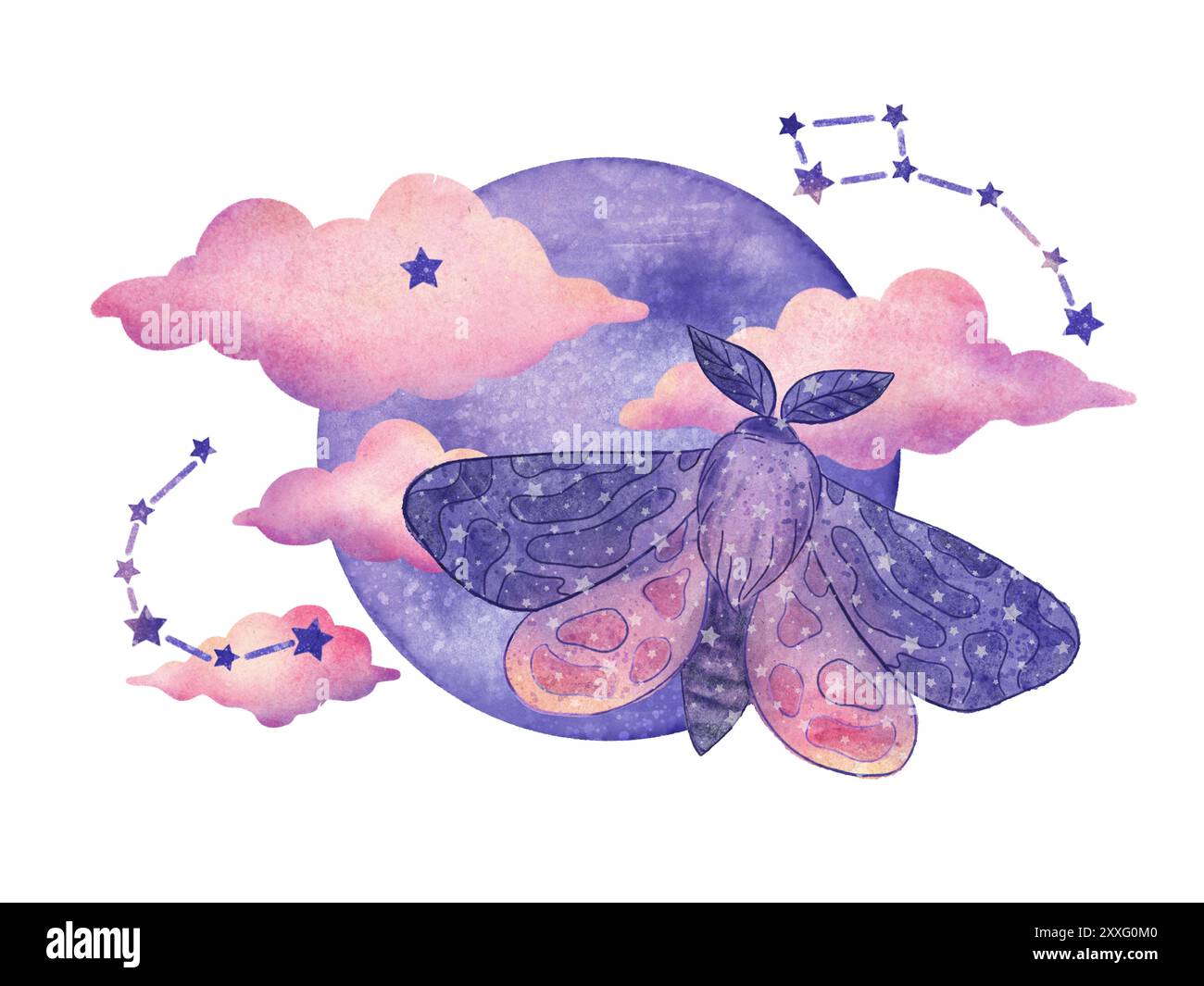 Farfalla celeste o falena, foglie, stelle e luna isolati i bambini si arrampicano su sfondo bianco, illustrazione spaziale mistica Foto Stock