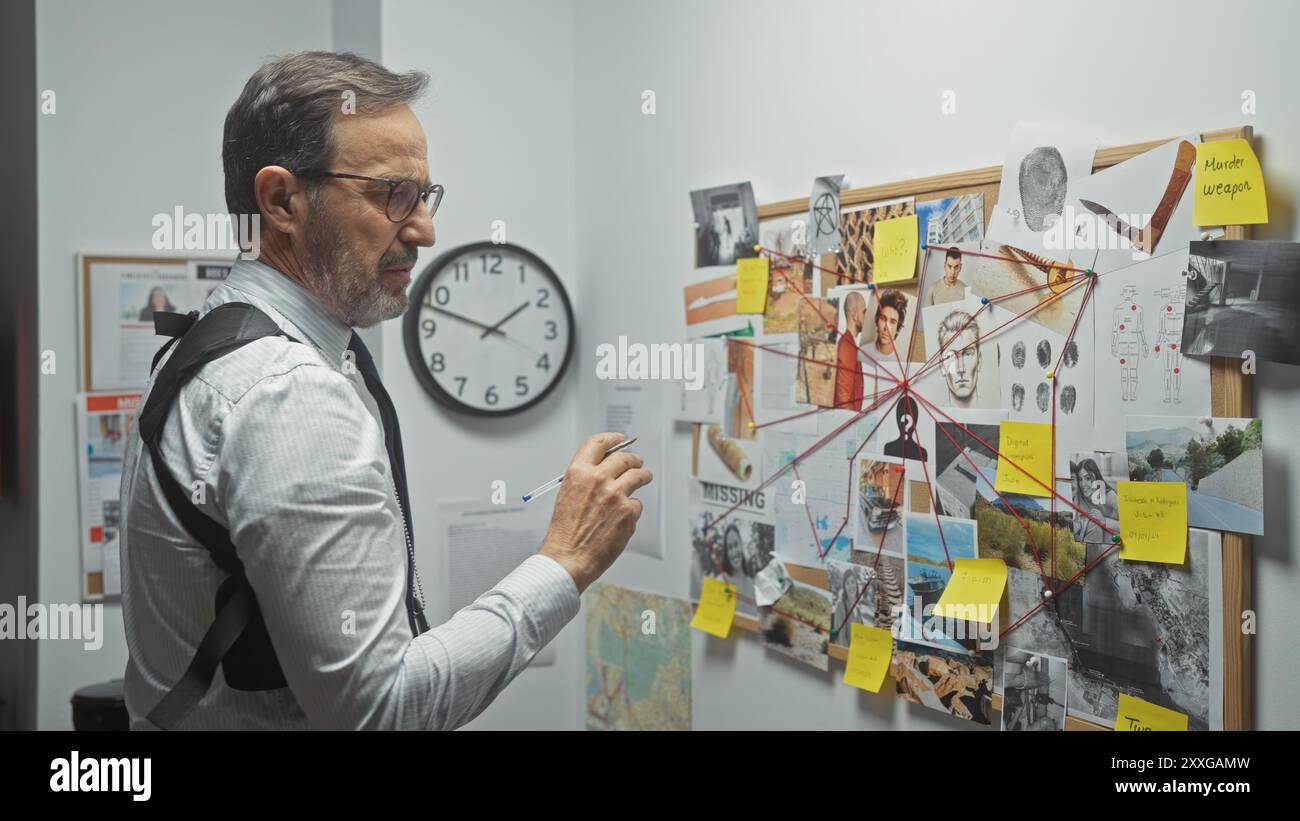 Uomo barbuto maturo in occhiali che analizza la bacheca delle prove in un ufficio investigativo. Foto Stock