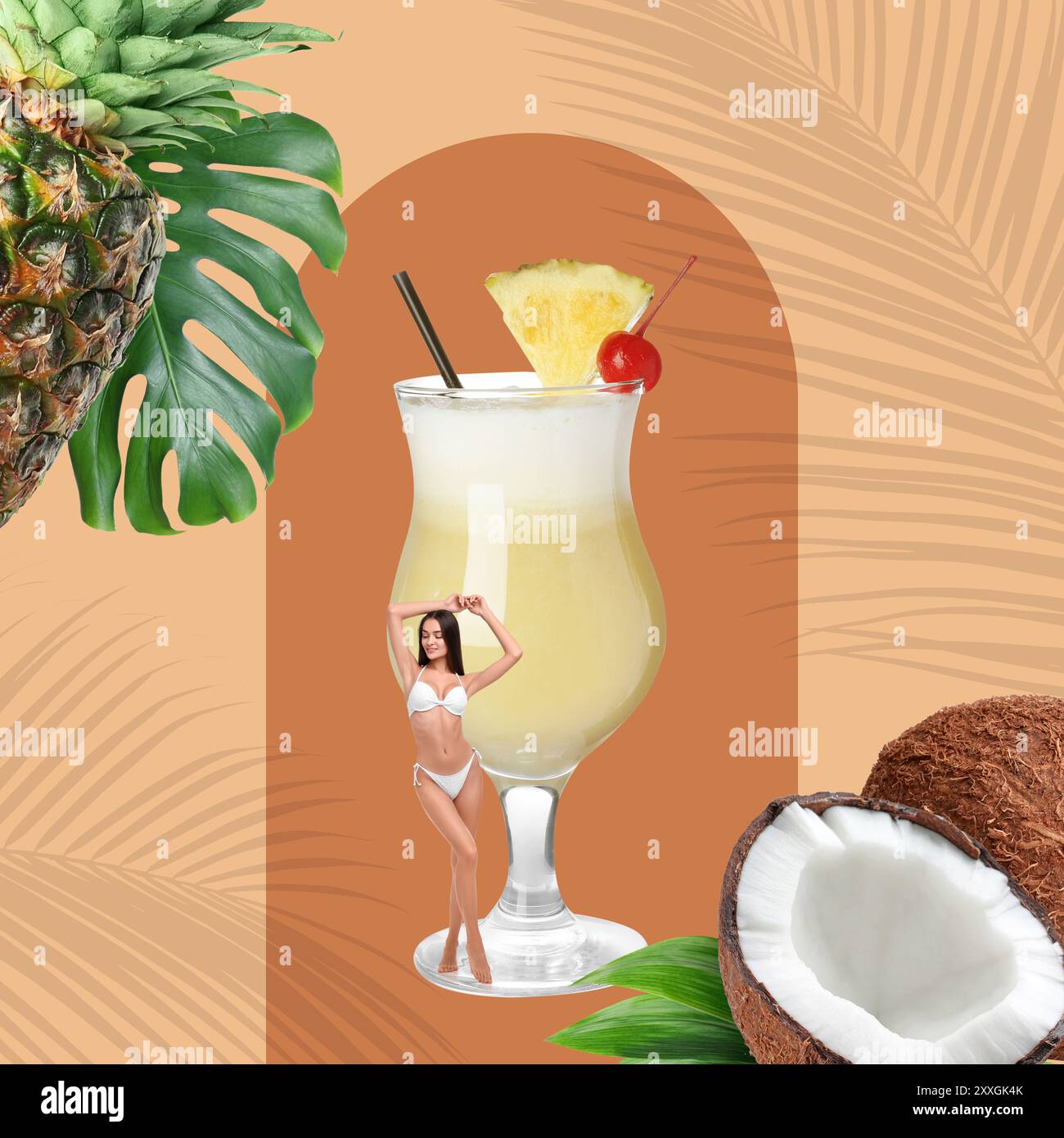 Collage creativo con cocktail e frutta tropicale su sfondo colorato. Grafica elegante Foto Stock