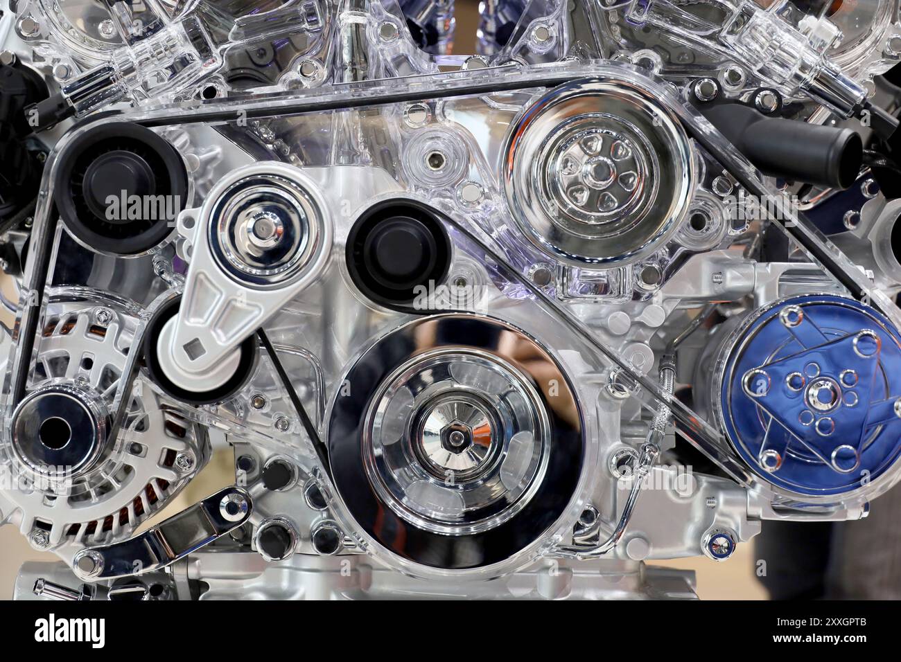 Struttura della trasmissione a cinghia in plastica trasparente per trasmettere potenza Foto Stock