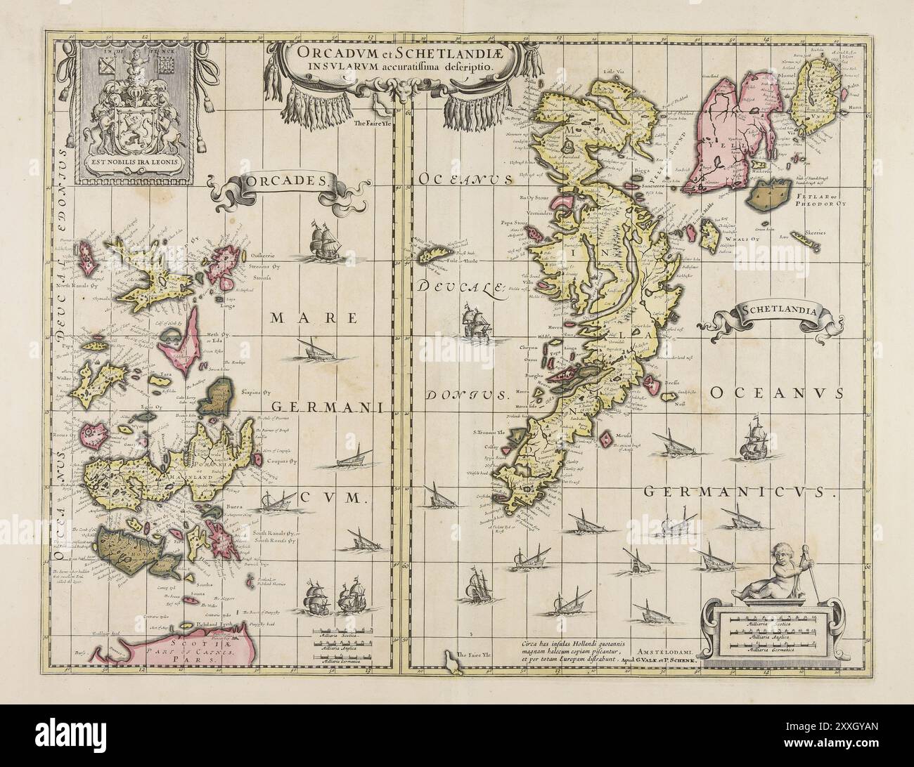 Mappa illustrata d'epoca. Una descrizione più accurata delle isole Orcadi e Shetland. ca 1700 Foto Stock