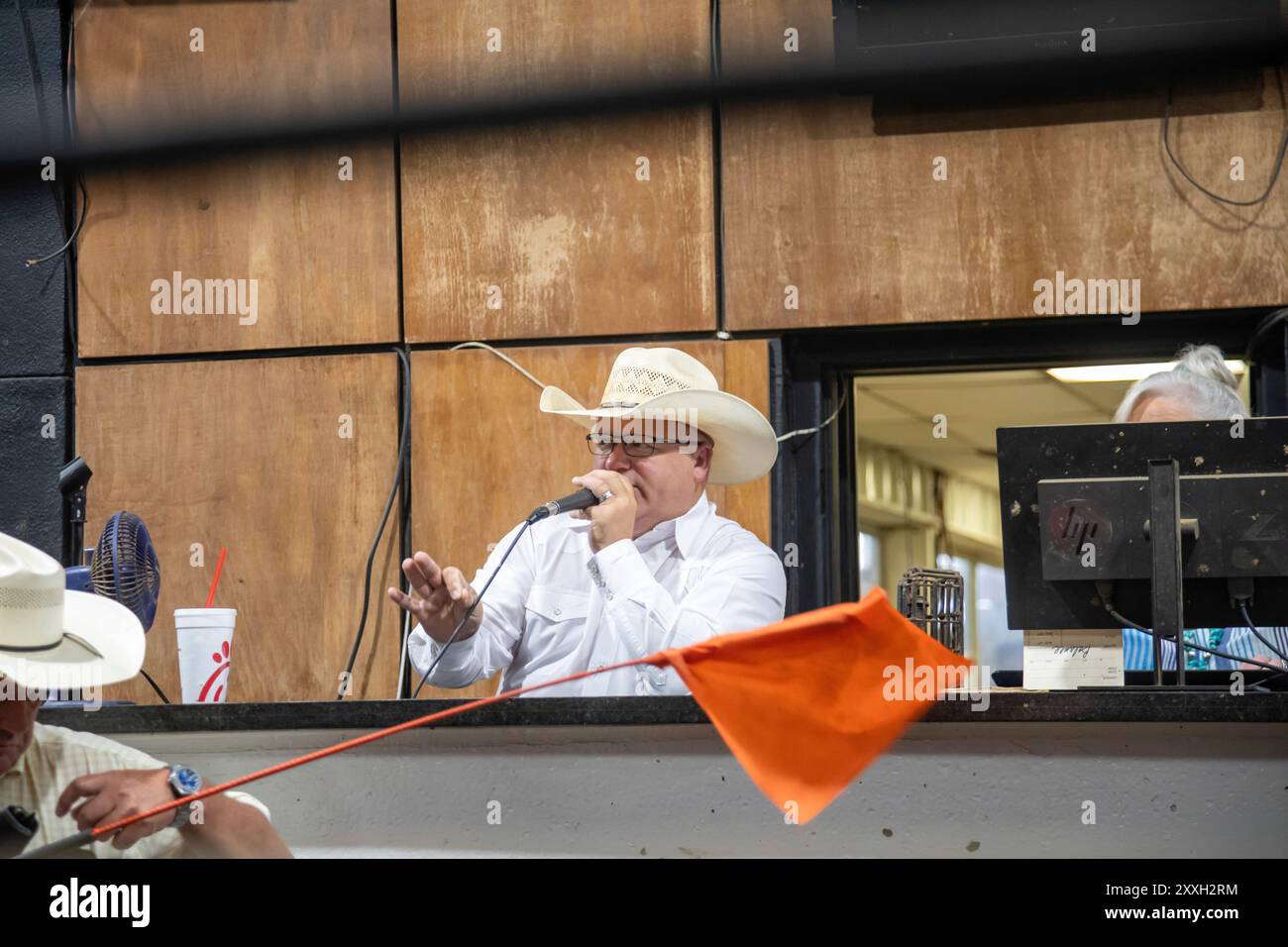 Oklahoma City, Oklahoma - il banditore dell'Oklahoma National Stockyards. Da quando è stata fondata nel 1910, più di 100 milioni di bovini sono stati sol Foto Stock