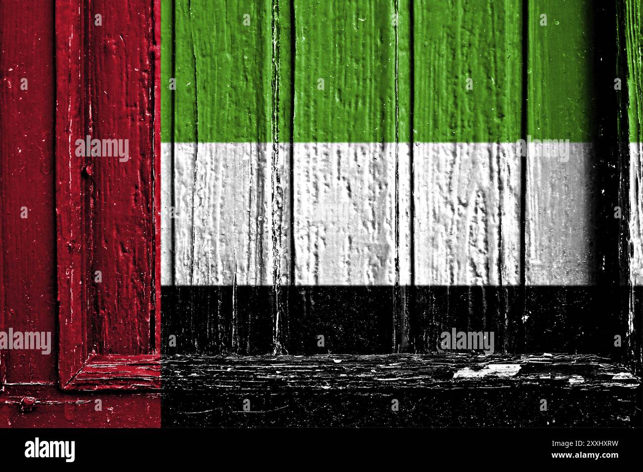Bandiera degli emirati arabi Uniti dipinta su una cornice in legno Foto Stock