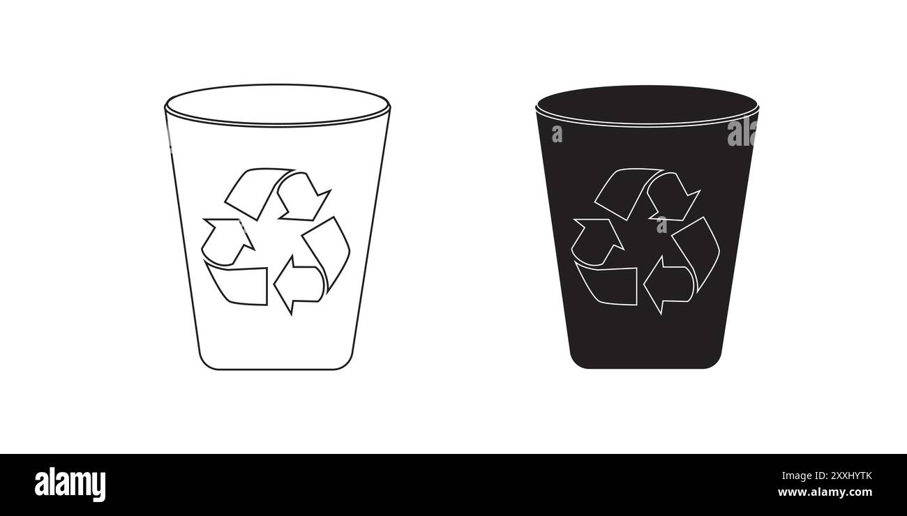 Concetto di gestione e riciclaggio dei rifiuti con diversi tipi di contenitori per rifiuti ordinati per carta, vetro, metallo, plastica e rifiuti. Illustrazione Vettoriale