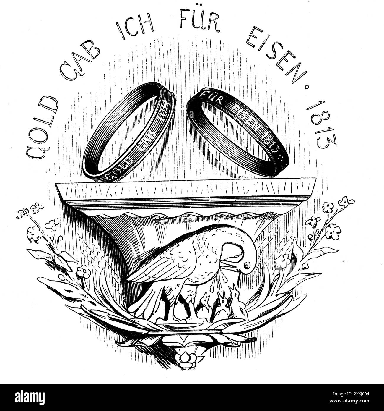 Oro che ho dato per il ferro, slogan del 1813, guerra di liberazione della Francia e Napoleone Bonaparte, due anelli, iscrizione, uccello, nido, animali giovani, ornamenta Foto Stock