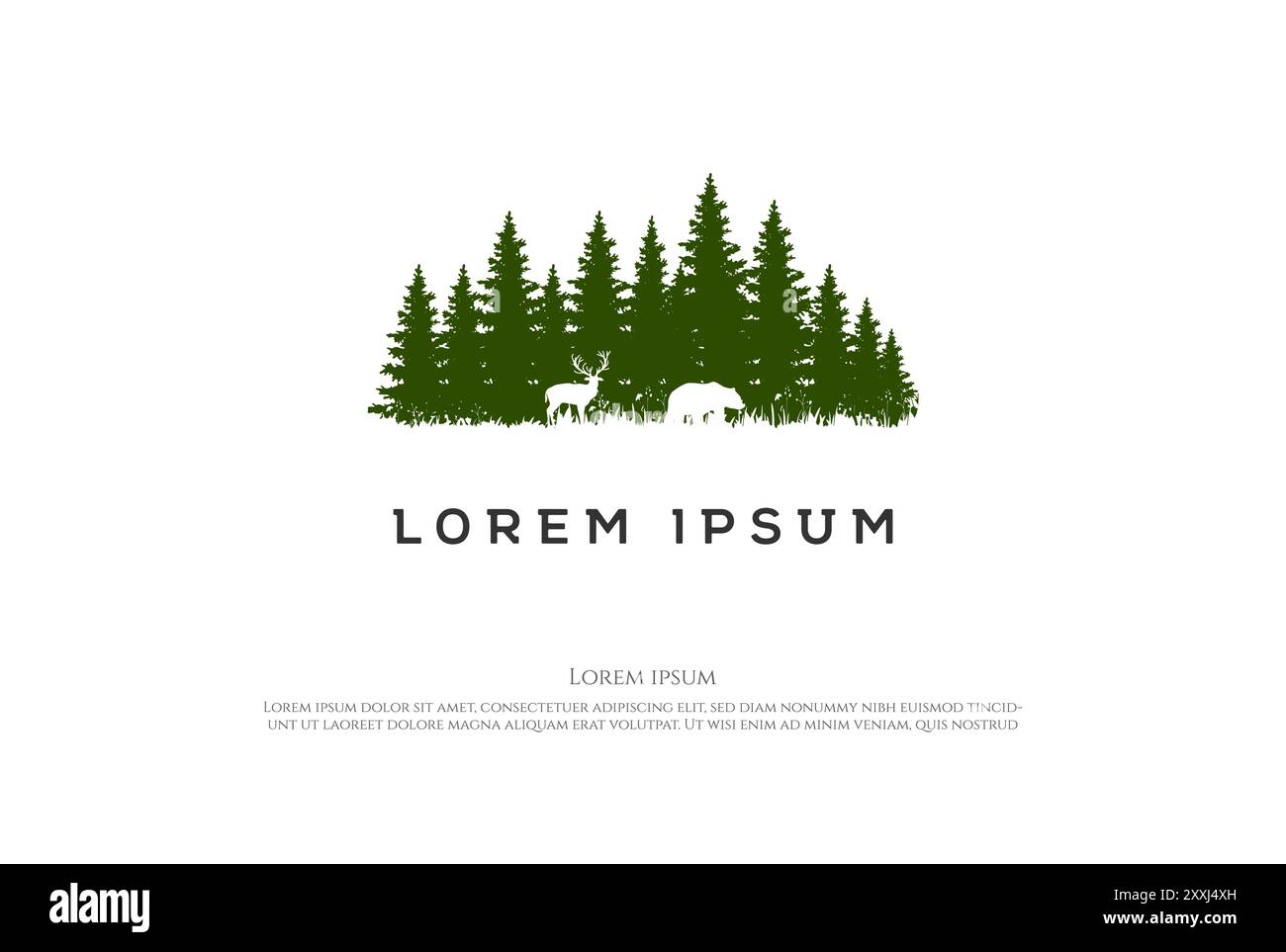 Pine Cedar Conifer Larch Hemlock Cypress Fir Evergreen Spruce Trees Forest with Bear Wolf and Deer for Wild Conservation Logo Design Vector Illustrazione Vettoriale