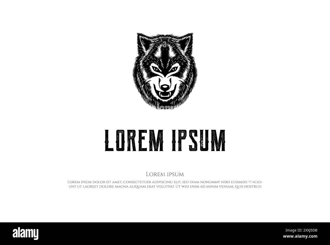 Testa di cane Wolf disegnata a mano retrò vintage per Tattoo Logo Design Vector Illustrazione Vettoriale