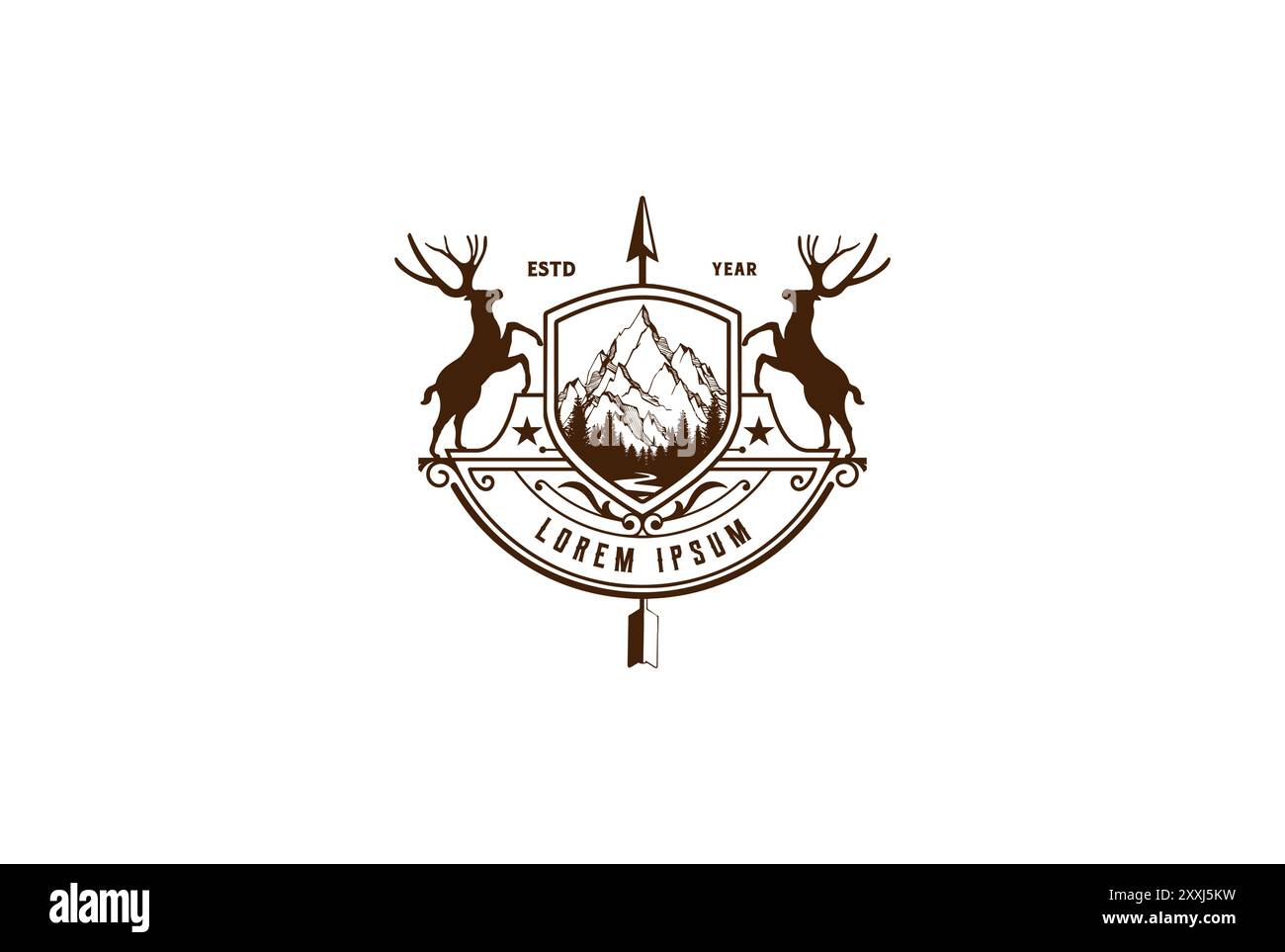 Stemma con logo Arrowhead Badge per Wilderness Hunting Adventure Logo Design Vector Illustrazione Vettoriale