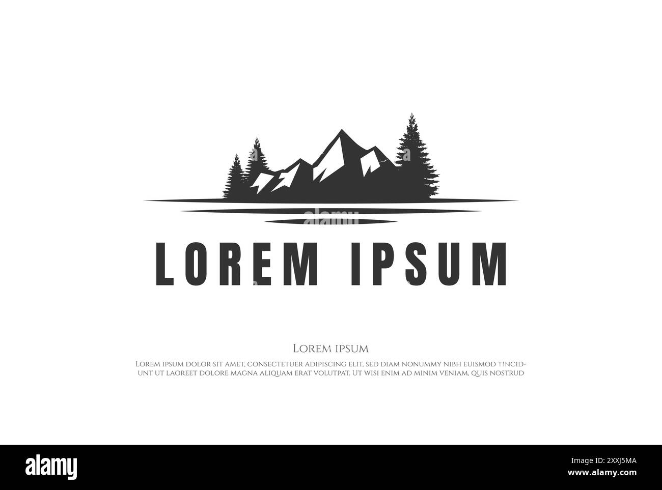 Ice Snow Mountain con alberi di pino cedro Evergreen Larch Cypress Hemlock e Lake River Creek Logo Design Vector Illustrazione Vettoriale