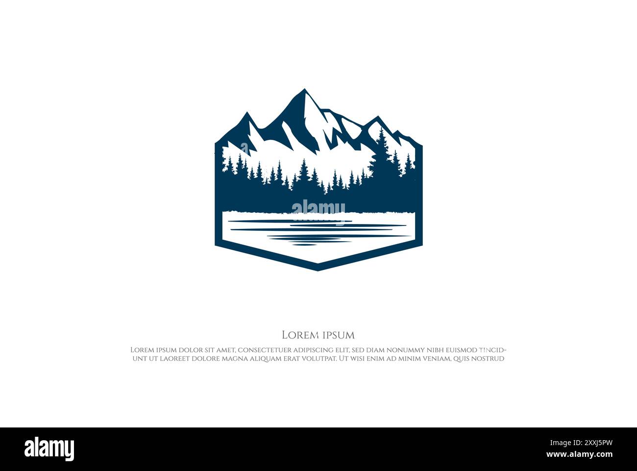 Ice Snow Mountain con Pine Cedar Spruce Conifer Evergreen Fir Larch Hemlock Cypress Trees Forest e Creek River Lake per Camp Adventure Logo Design Illustrazione Vettoriale