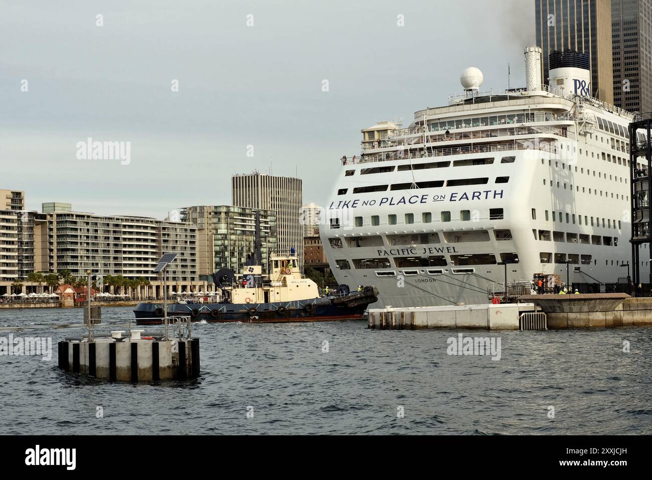 Stern della nave da crociera P&o Pacific Jewel ormeggiata presso l'OTP Circular Quay, Sydney, Australia, naviga in moto, come No Place on Earth Foto Stock