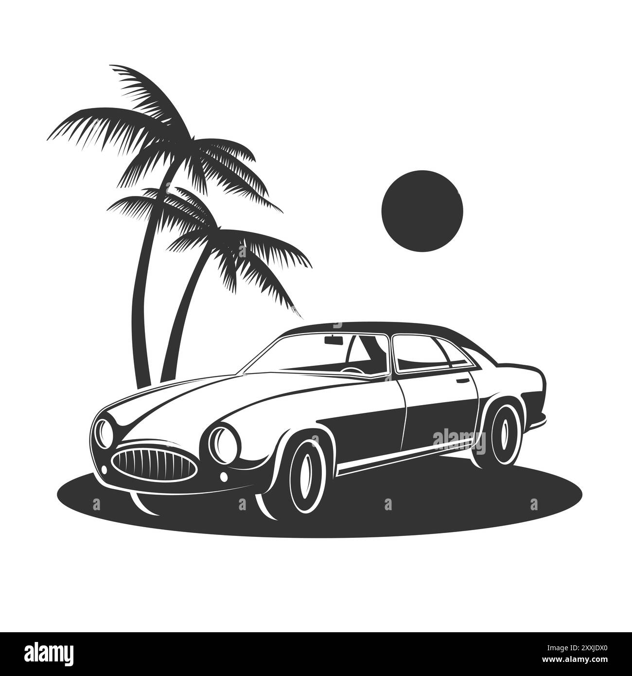 Auto d'epoca e design delle palme. Silhouette vettoriale. Elemento di design per logo, insegna, emblema. Stile retrò. Illustrazione Vettoriale