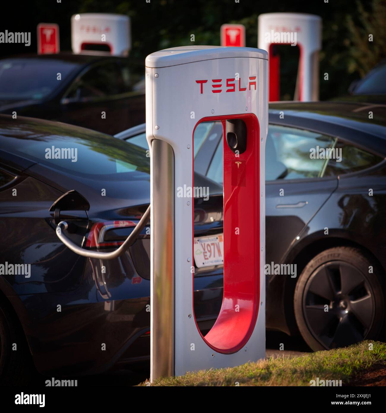 Veicoli elettrici plug-in TESLA che si caricano presso gli 8 Supercharger all'esterno del Flagship Store L.L. Bean di Freeport, Maine, Stati Uniti. Foto Stock