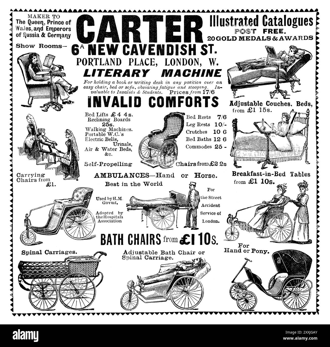 1900 pubblicità britannica per sedie da bagno, sedie a rotelle, sedili regolabili e attrezzature per disabili. Foto Stock