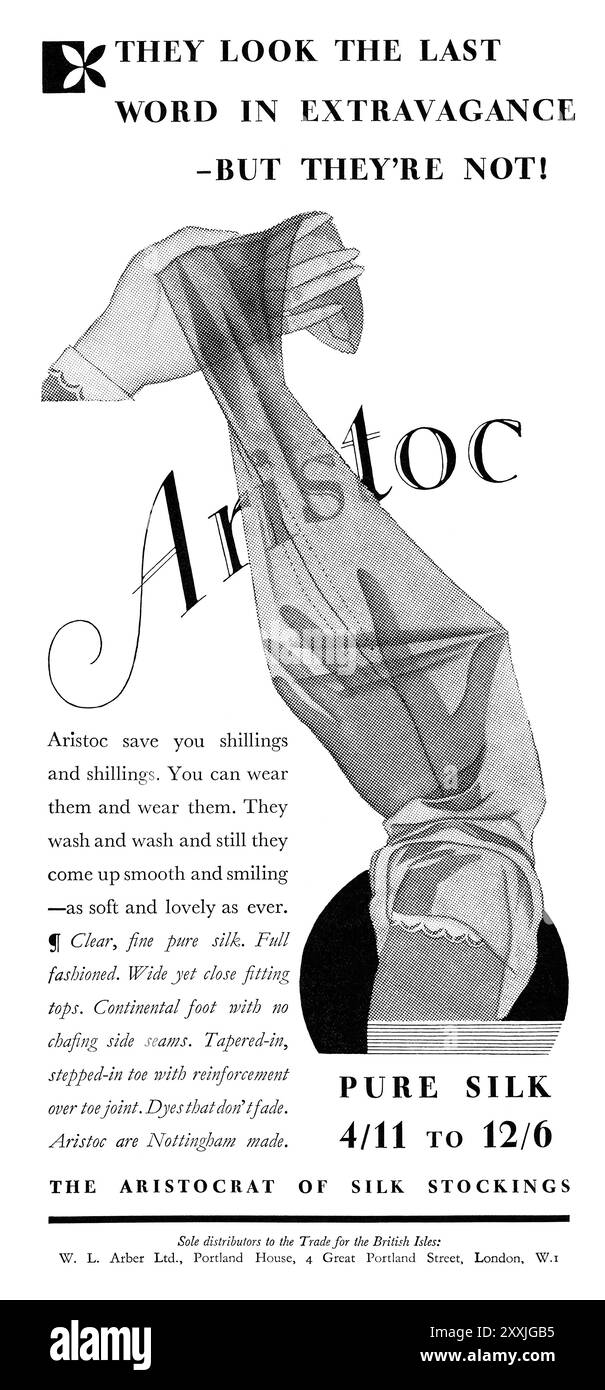 1931 pubblicità di moda britannica per le calze di seta Aristoc. Foto Stock