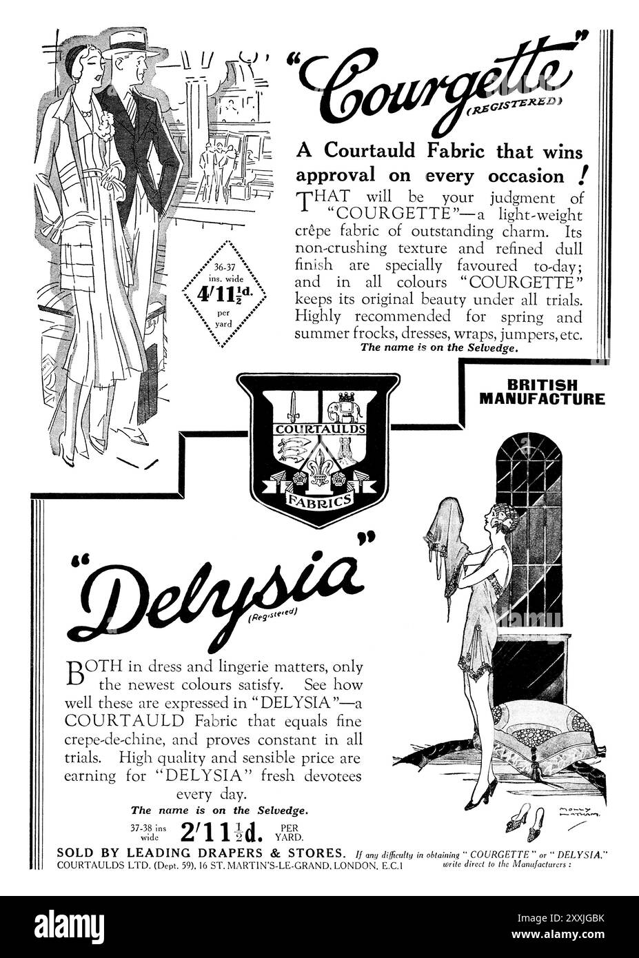 1932 pubblicità britannica per i tessuti Courtaulds courgette e Delysia. Foto Stock