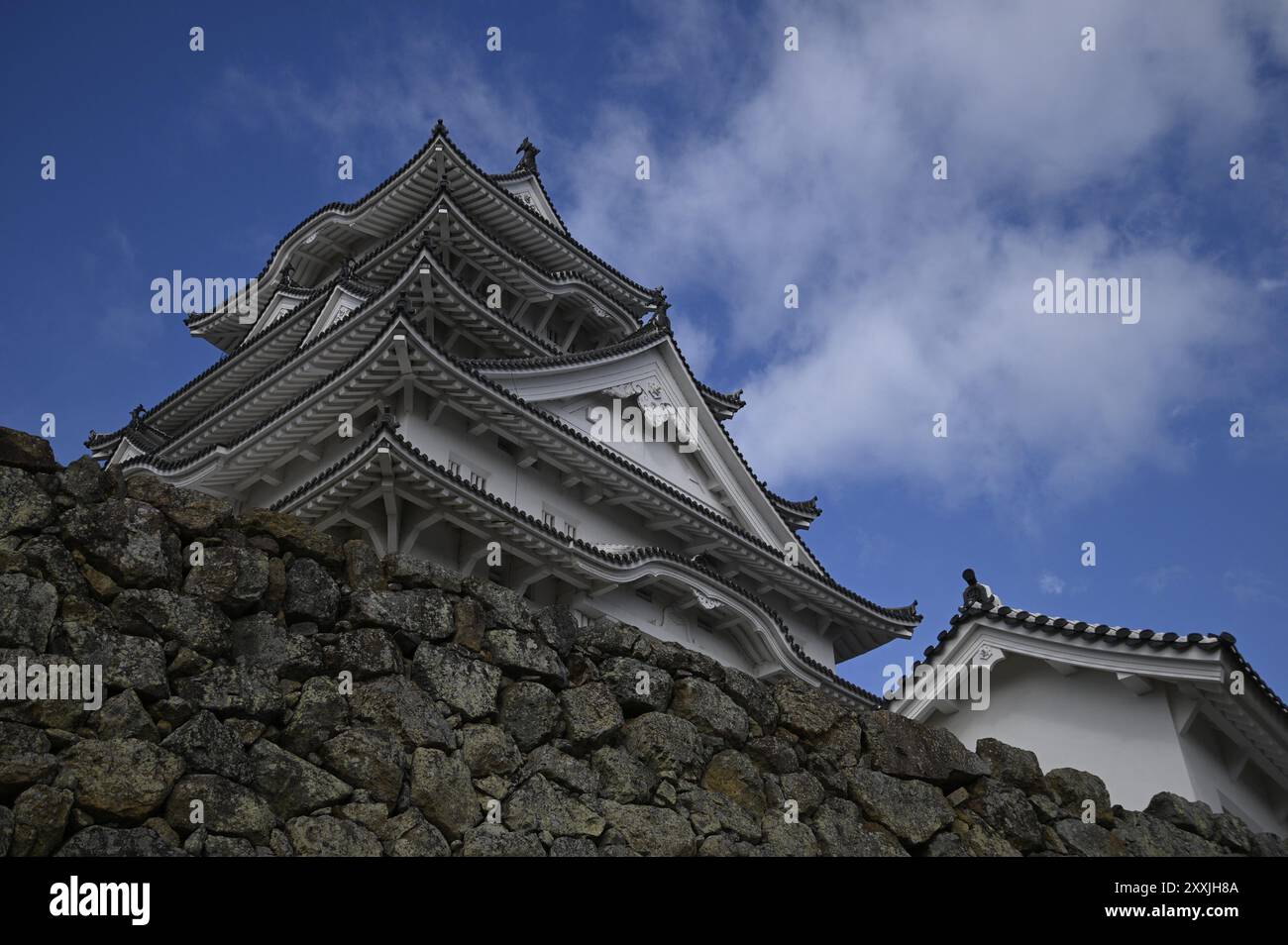 Vista panoramica del fossato e dell'impressionante Main Donjon curvo gables, parte di Himeji-jō, il famoso "White Heron Castle" a Hyōgo, Kansai, Giappone. Foto Stock