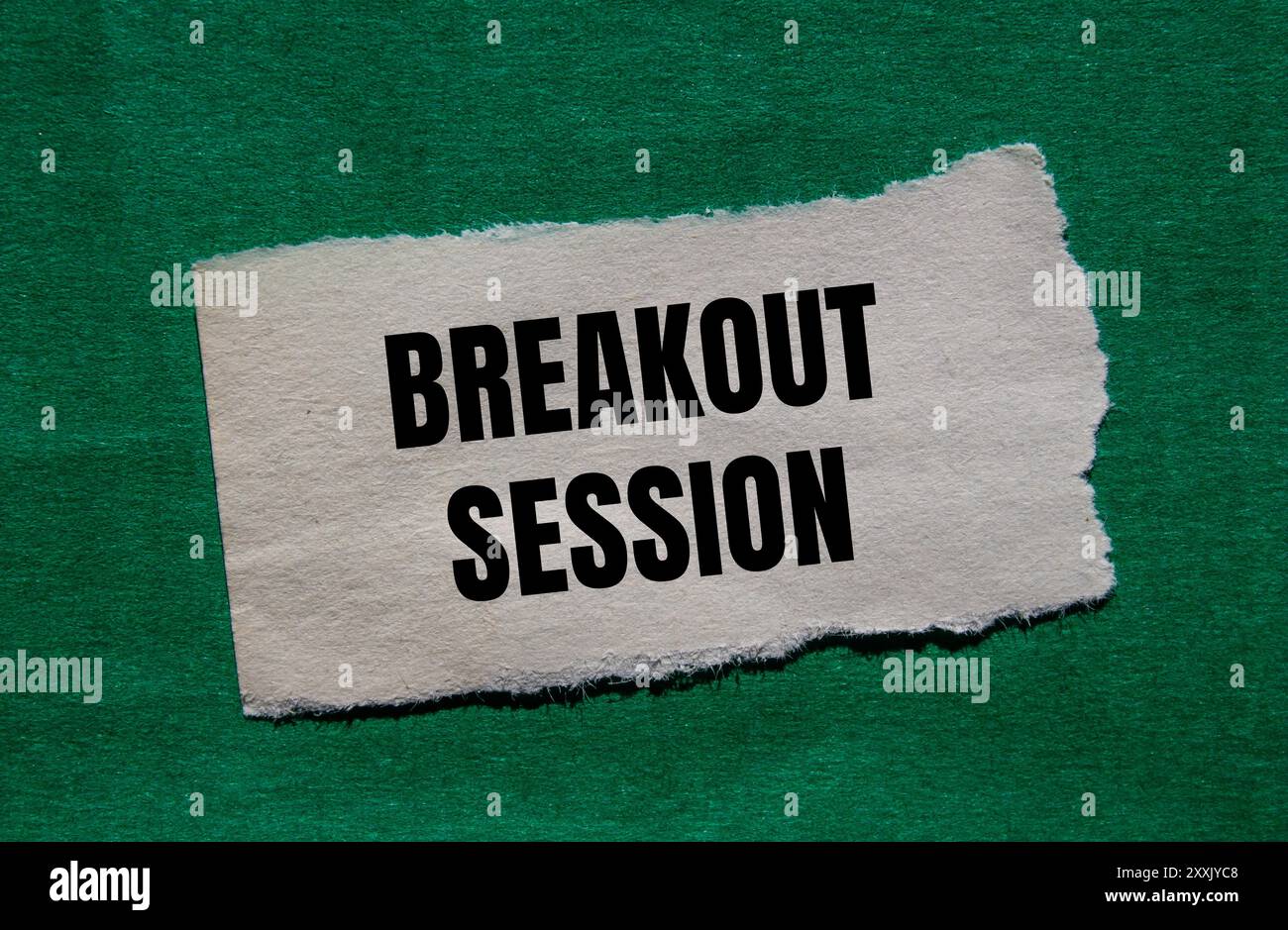 Messaggio della sessione di breakout scritto su un pezzo di carta strappato con sfondo verde. Simbolo della sessione di breakout concettuale. Copia spazio. Foto Stock