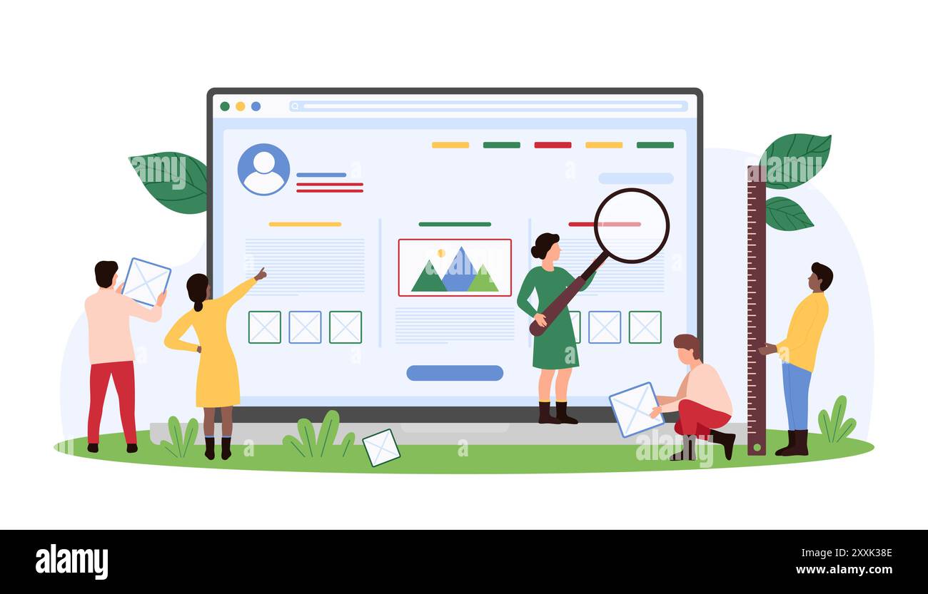 Processo di progettazione o riprogettazione di siti Web, creazione di interfacce creative. Piccole persone lavorano con la lente di ingrandimento e il righello per ricercare e creare wireframe di pagine Web nell'illustrazione vettoriale dei cartoni animati dell'editor Illustrazione Vettoriale