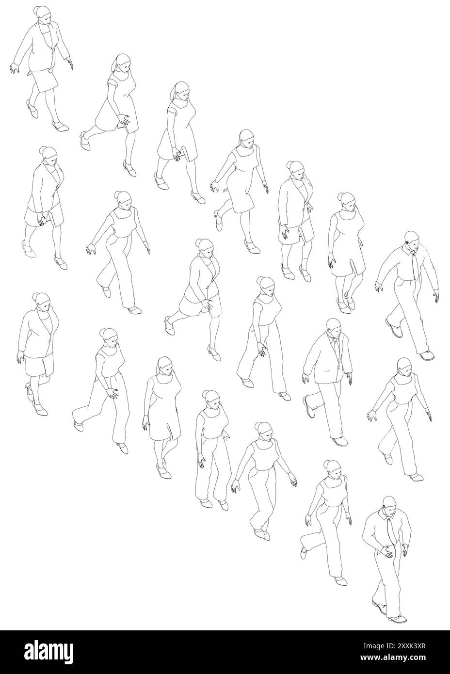Ambientato con contorni di persone che camminano da linee nere isolate su sfondo bianco. Uomini e donne che camminano. Vista isometrica. Illustrazione vettoriale. 3D. Illustrazione Vettoriale