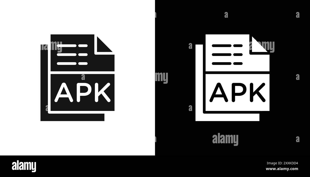 Icona formato file APK, logo, contorno vettoriale in bianco e nero Illustrazione Vettoriale