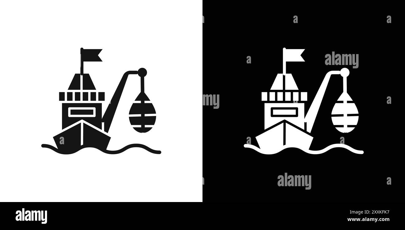 Simbolo della pesca industriale bordo vettoriale del logo in bianco e nero Illustrazione Vettoriale