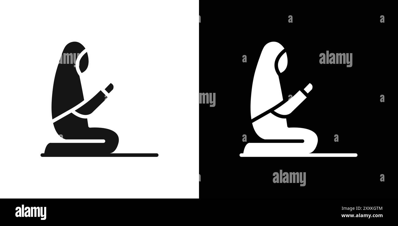 Donna musulmana in preghiera in Hijab simbolo logo contorno vettoriale in bianco e nero Illustrazione Vettoriale