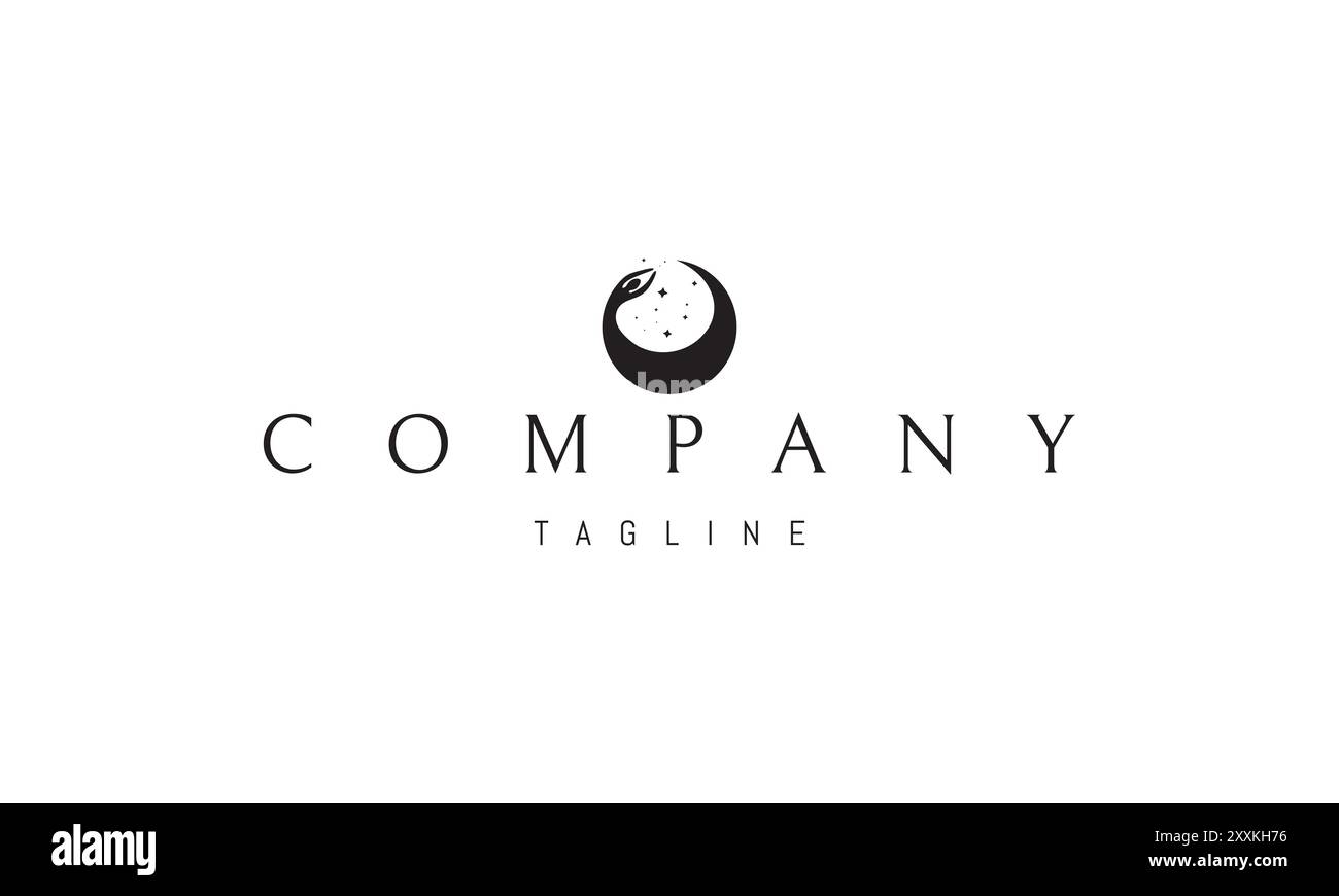 Logo vettoriale con un'immagine astratta di una ragazza ballerina a forma di luna su uno sfondo di stelle. Illustrazione Vettoriale