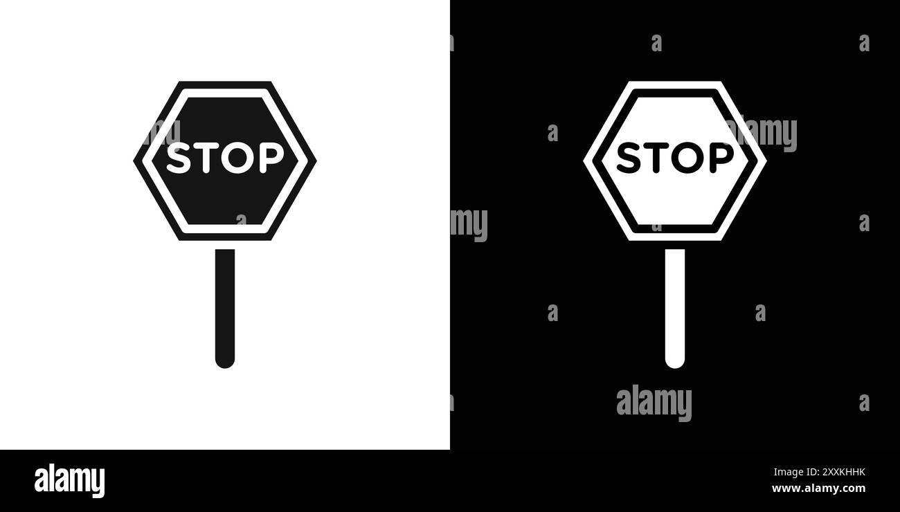 Icona del segnale di stop, logo, contorno vettoriale in bianco e nero Illustrazione Vettoriale