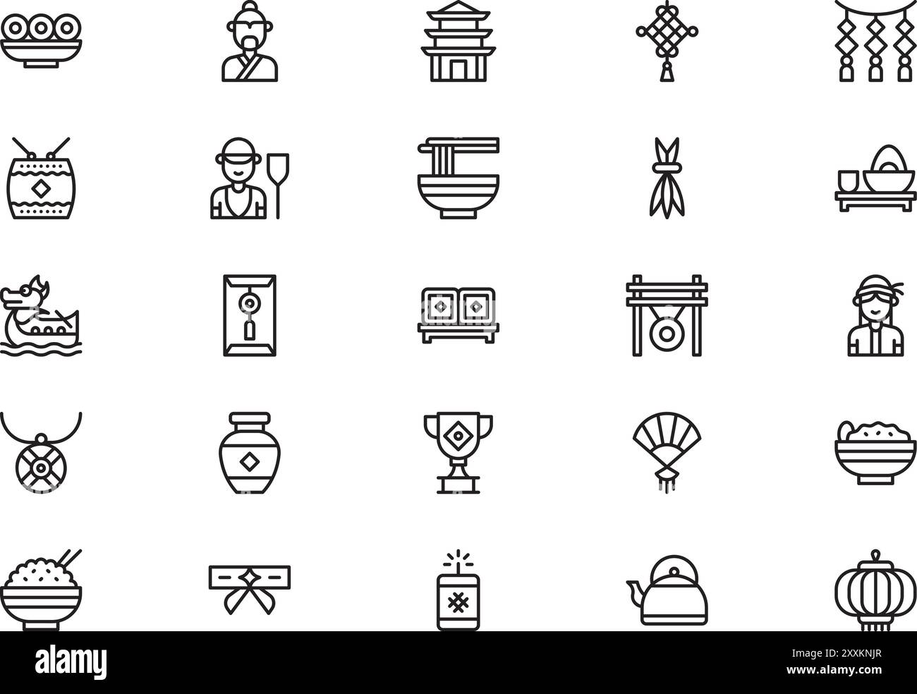 La collezione Dragon Boat Festival icons è un'illustrazione vettoriale con tratto modificabile. Illustrazione Vettoriale