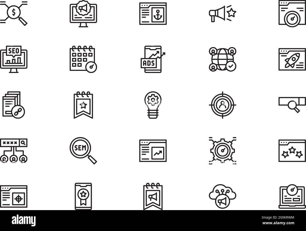 La raccolta icone SEO e sem è un'illustrazione vettoriale con traccia modificabile. Illustrazione Vettoriale