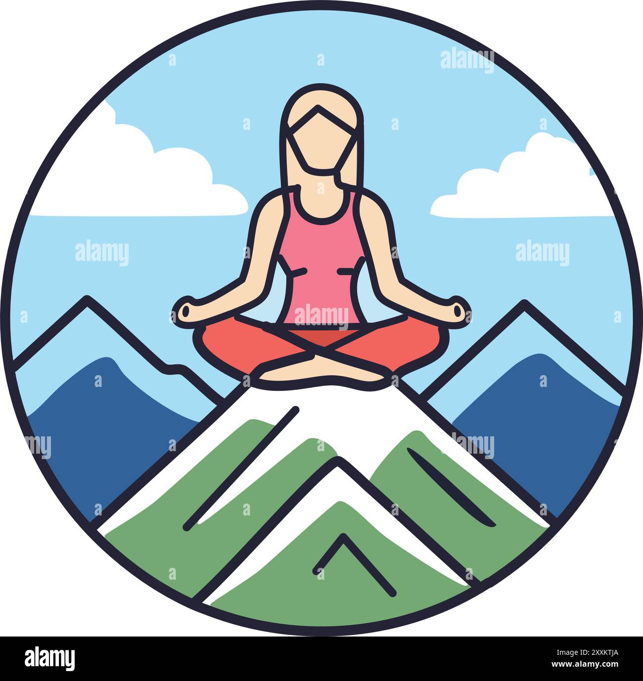 Donna che meditava sul picco di montagna. Illustrazione di una donna che meditava in una posa tranquilla sulla cima di una montagna, simboleggiando la serenità e la pace interiore. Illustrazione Vettoriale