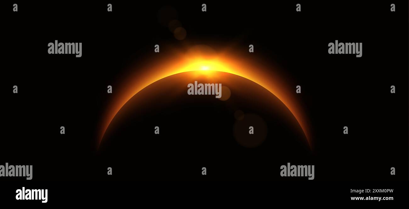 Eclissi del pianeta, bagliore luminoso all'orizzonte, alba sul globo. Bordo del pianeta Mezzaluna. Illustrazione Vettoriale