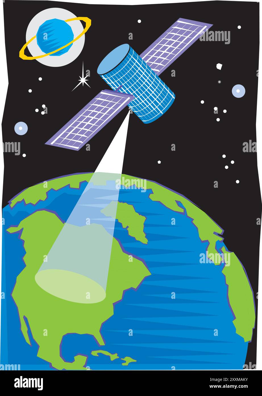 Satellite posto in orbita attorno alla Terra, alla luna o ad un altro pianeta per raccogliere informazioni o per il vettore di comunicazione Illustrazione Vettoriale