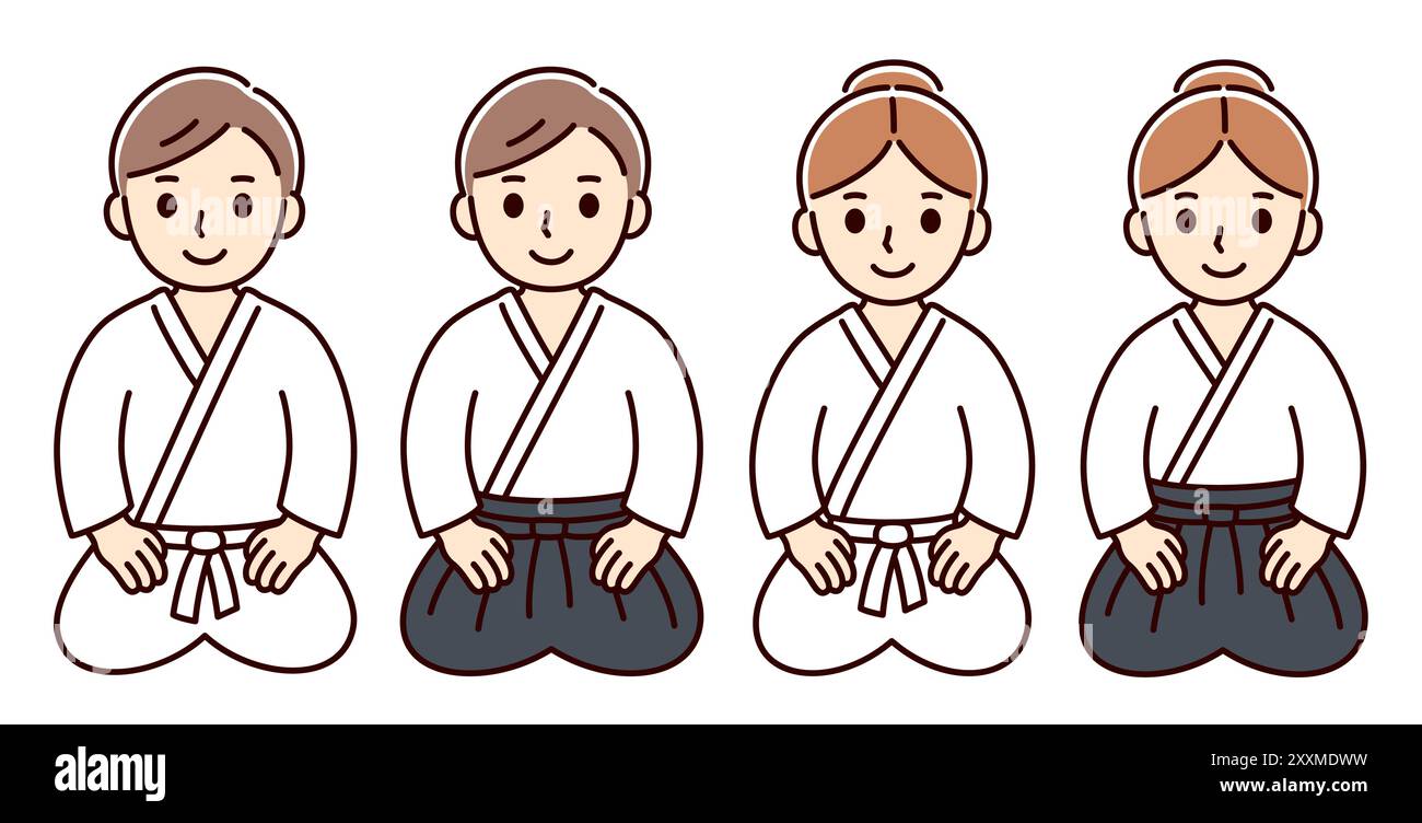 Carino cartoni animati Aikido uomo e donna seduti sul pavimento in stile seiza. Pantaloni hakama e uniforme kimono bianca. Disegno semplice, grafica vettoriale a clip Illustrazione Vettoriale