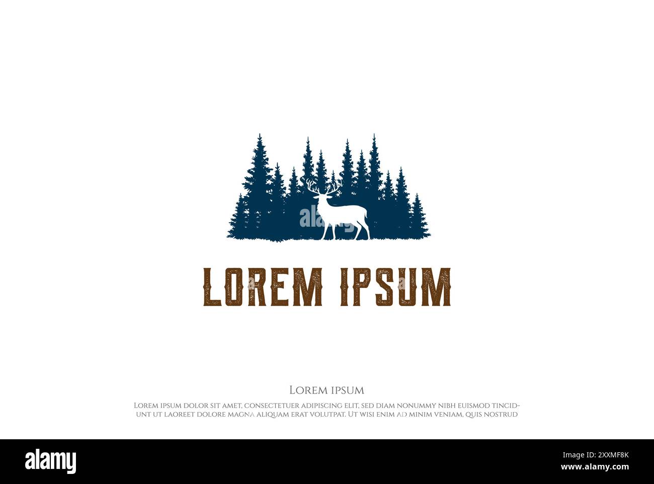 Pine Cedar Conifer Evergreen Fir Spruce Hemlock Larch Cypress Trees Forest with Deer Antler Reindeer Elk for Wilderness Adventure o Hunting Logo Desi Illustrazione Vettoriale