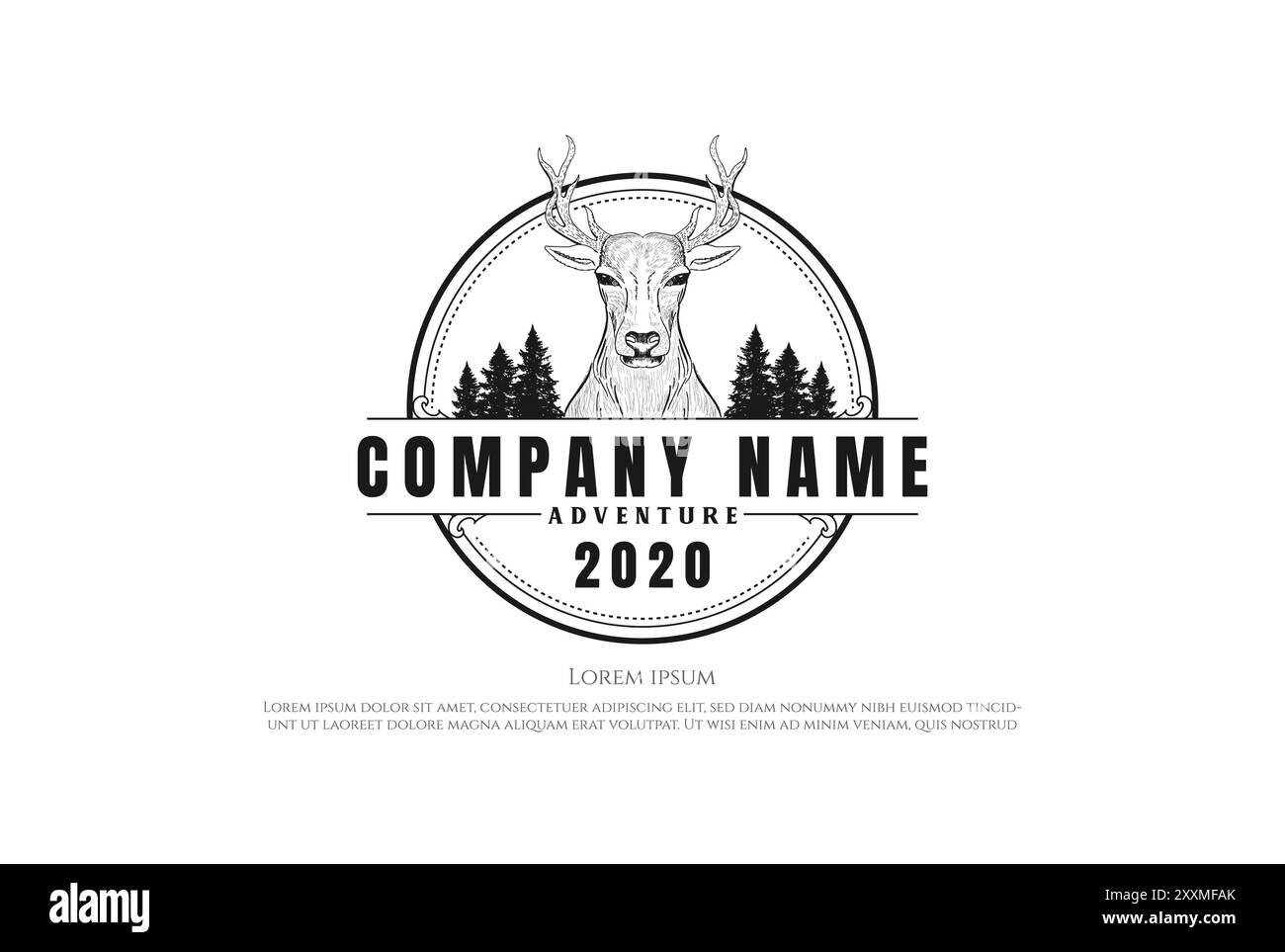 Alce di renna vintage rétro con cedro di pino abete rosso Evergreen Conifer Fir Trees Forest Badge Emblem per Hunting Camp Wilderness Adventure Logo Desi Illustrazione Vettoriale