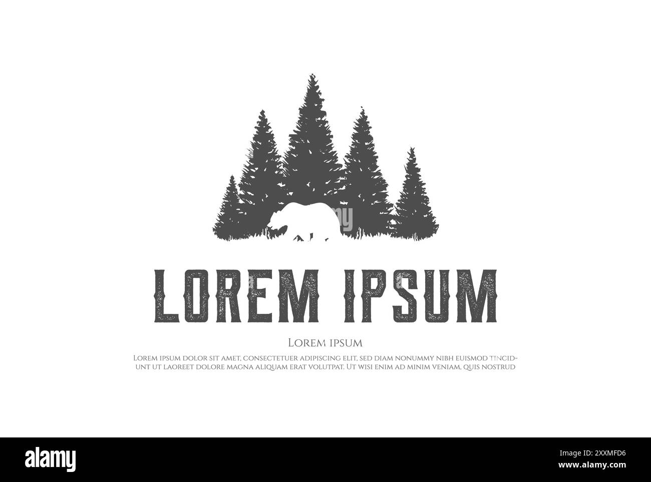 Orso grizzly polare ghiacciato con cedro di pino, fiore Evergreen, cipresso, arco, abete, conifere, Logo forestale, vettore di design Illustrazione Vettoriale