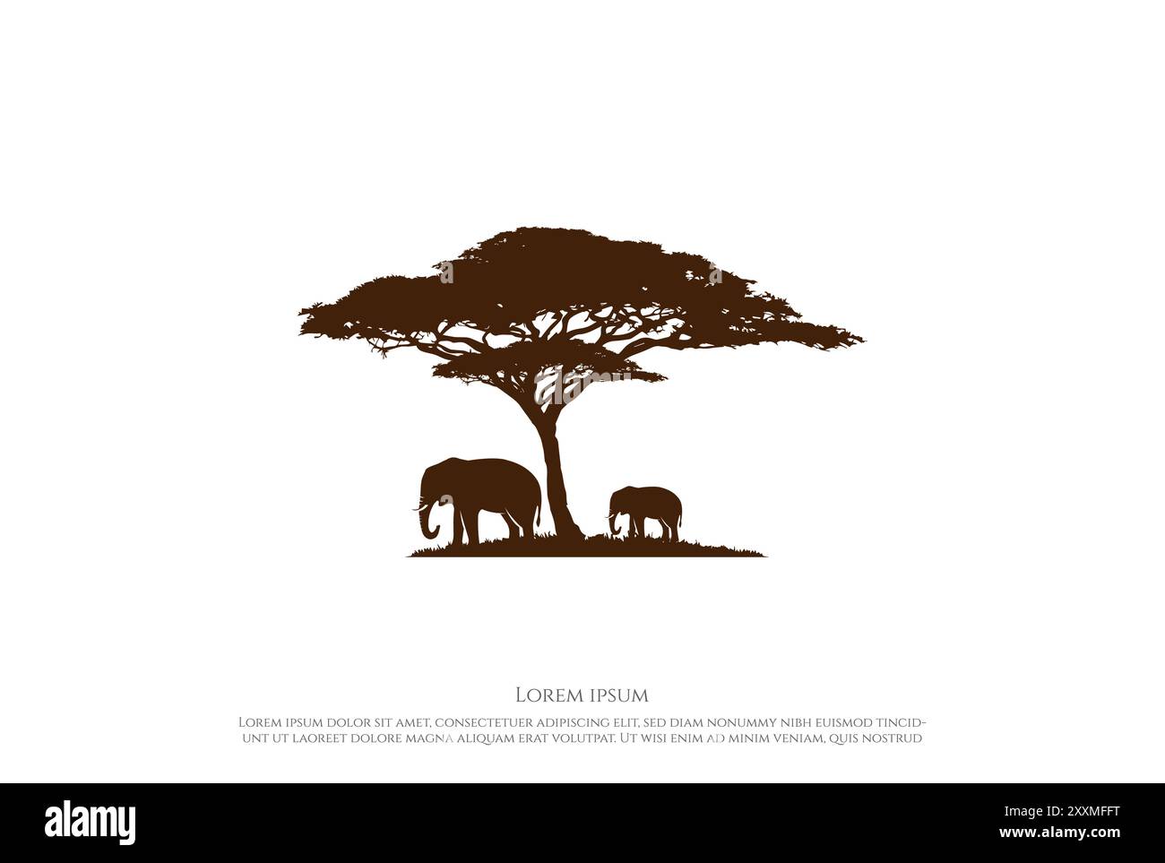 Silhouette africana dell'albero di acacia con elefante per Wild Safari o Conservation Logo Design Vector Illustrazione Vettoriale