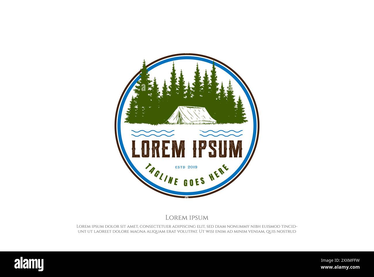 Pine Cedar Conifer conifere Evergreen Fir Larch Cypress Hemlock Tress Forest e River Lake Creek con tenda per Camp Outdoor Adventure Logo Design V. Illustrazione Vettoriale