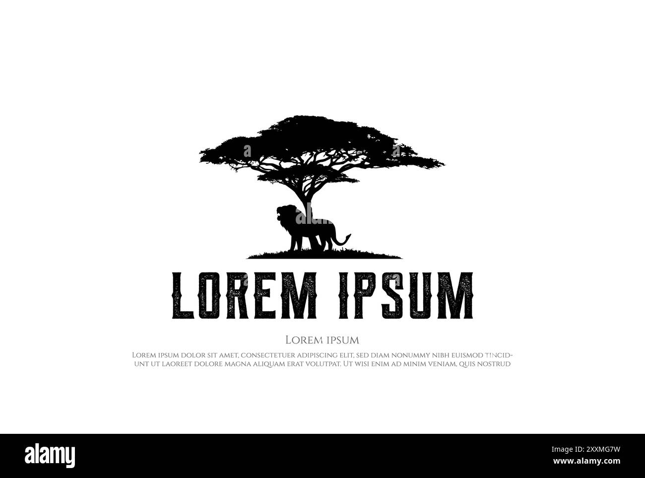 Albero di acacia africano con silhouette di leone per Safari Adventure Logo Design Vector Illustrazione Vettoriale