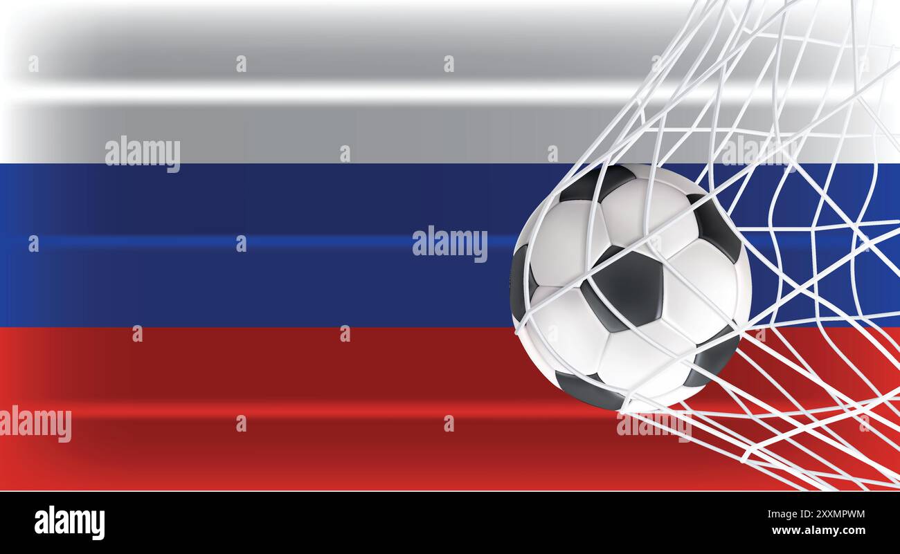 Calcio o pallone da calcio in rete reti isolate sulla Russia bandiera ombreggiata, accessori sportivi attrezzature per giocare, Campionato e progettazione di competizioni Illustrazione Vettoriale