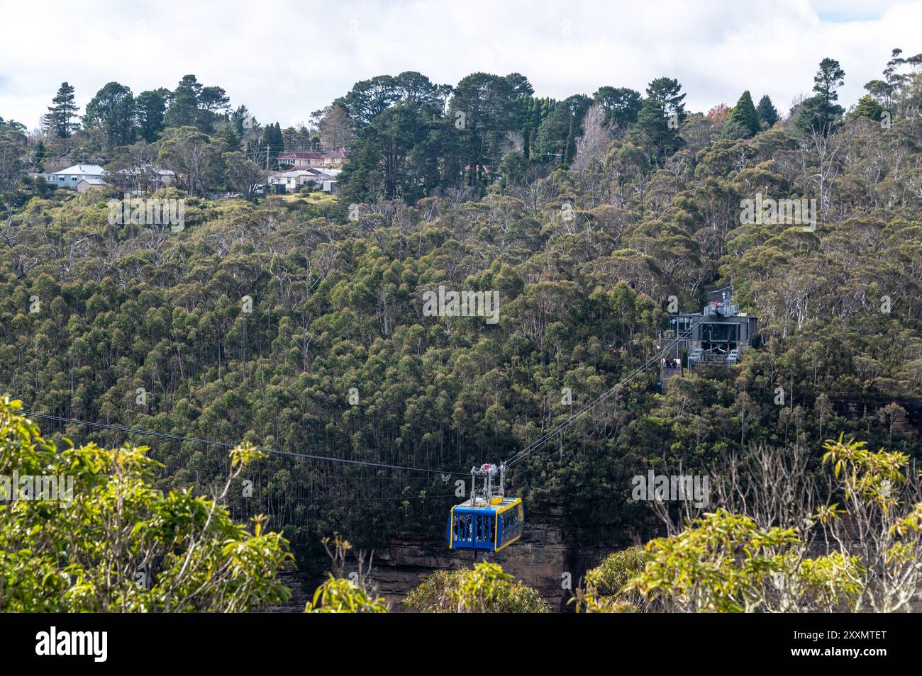 Scivolando tra le cime della scogliera sopra la Jamison Valley a 270 metri, si trova la funivia più alta dell'Australia, una Skyway panoramica con pavimento in vetro (funivia) Foto Stock