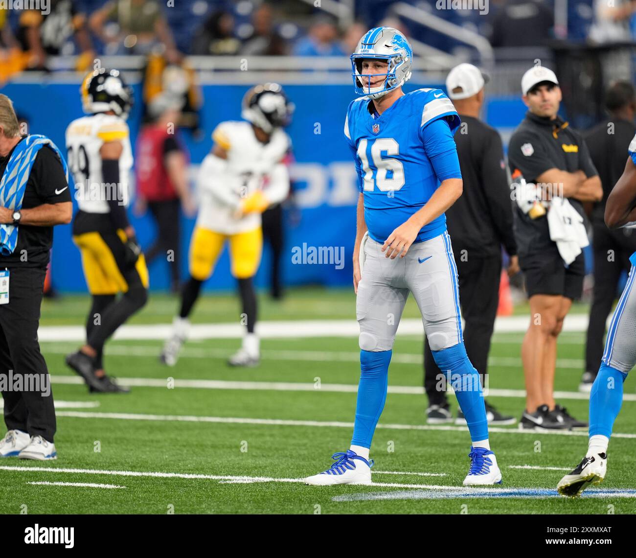 Pittsburgh, Pennsylvania, Stati Uniti. 24 agosto 2024. 24 agosto 2024: Jared Goff #16 durante i Pittsburgh Steelers vs Detroit Lions al Ford Field di Detroit mi. Brook Ward/AMG (Credit Image: © AMG/AMG via ZUMA Press Wire) SOLO USO EDITORIALE! Non per USO commerciale! Foto Stock