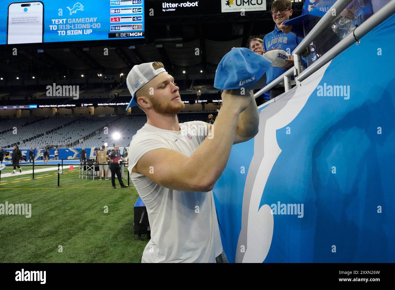 Pittsburgh, Pennsylvania, Stati Uniti. 24 agosto 2024. 24 agosto 2024: Aidan Hutchinson #97 durante i Pittsburgh Steelers vs Detroit Lions al Ford Field di Detroit mi. Brook Ward/AMG (Credit Image: © AMG/AMG via ZUMA Press Wire) SOLO USO EDITORIALE! Non per USO commerciale! Foto Stock