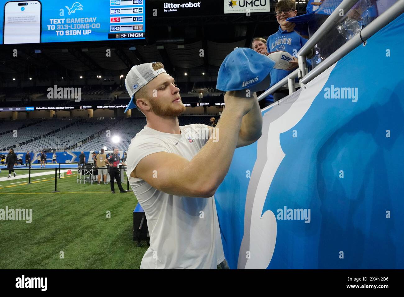 Pittsburgh, Pennsylvania, Stati Uniti. 24 agosto 2024. 24 agosto 2024: Aidan Hutchinson #97 durante i Pittsburgh Steelers vs Detroit Lions al Ford Field di Detroit mi. Brook Ward/AMG (Credit Image: © AMG/AMG via ZUMA Press Wire) SOLO USO EDITORIALE! Non per USO commerciale! Foto Stock