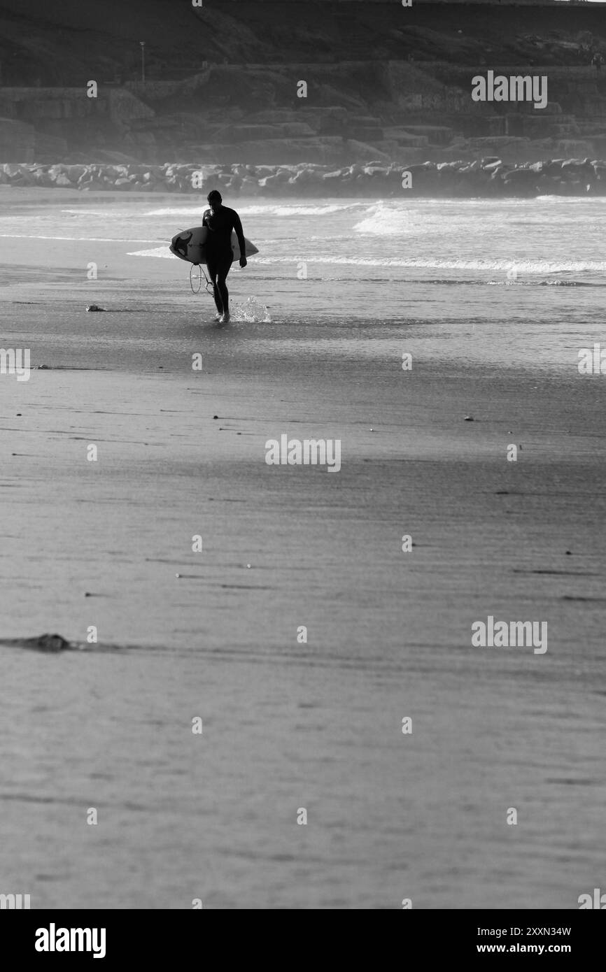 una foto in scala di grigi di un surfista che cammina vicino all'oceano in lontananza Foto Stock