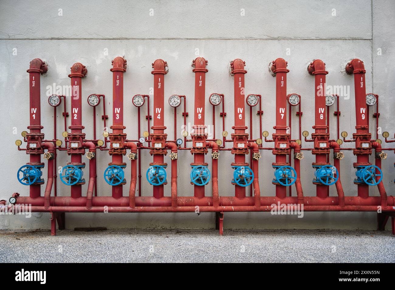 Tubi industriali rossi con valvole blu su una parete di cemento per impianti idraulici. Foto Stock