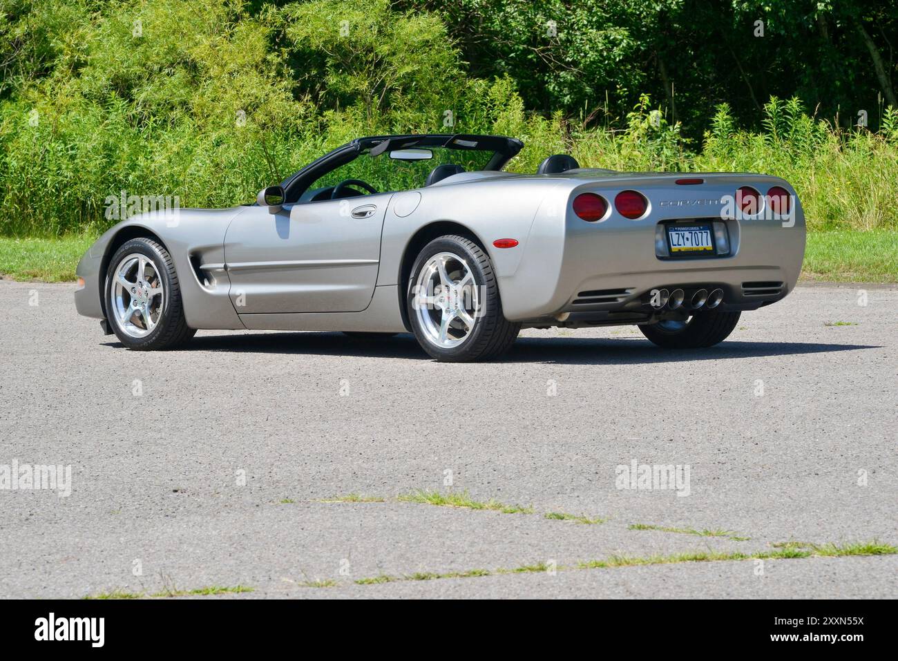 Una Corvette 2000 convertibile in peltro leggero con la sua capote in basso è parcheggiata su uno sfondo di boschi. Foto Stock